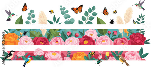Vibrant floral borders with butterflies and hummingbirds on white background