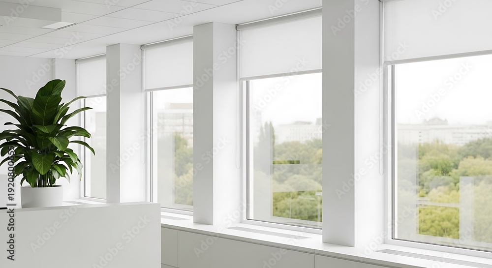 Fototapeta premium Interior view of a bright, modern office space with large windows and a potted plant