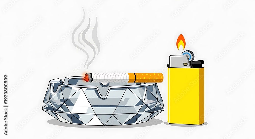 Fototapeta premium Cigarette smoke in crystal ashtray with lighter.