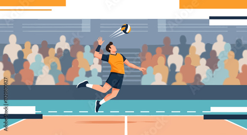 A male volleyball player in mid-air performing a powerful spike during a competitive match in a stadium.