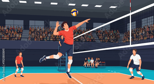 A male volleyball player in a red shirt jumps to spike the ball during a game in an indoor arena with spectators.