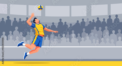 A male volleyball player in mid-air, spiking the ball during a competitive match in a stadium filled with spectators.