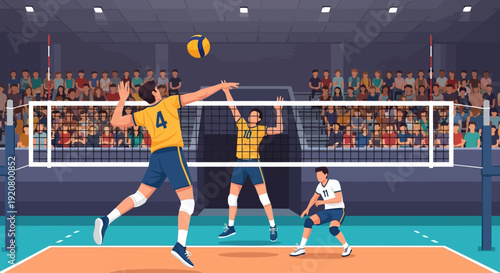 A dynamic volleyball match unfolds with players in action on an indoor court, cheered on by a crowd in the stands.