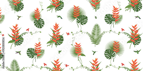 Vibrant tropical leaf and flower pattern on white background with insects