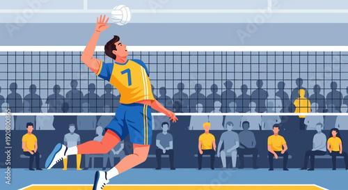 A male volleyball player in a yellow and blue uniform jumps to spike the ball over the net during a game with spectators in the background.