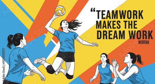 Dynamic illustration of a volleyball game with players in action, showcasing serves, spikes, and digs.