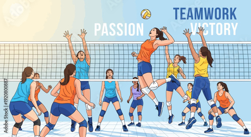 Dynamic illustration of a volleyball game with players in action, showcasing serves, spikes, and digs.