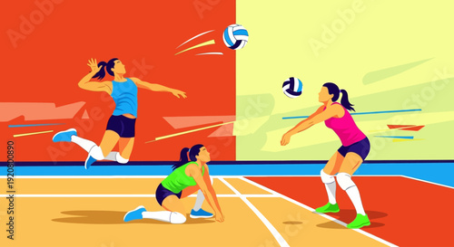 Dynamic illustration of a volleyball game with players in action, showcasing serves, spikes, and digs.