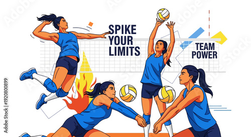 Dynamic illustration of a volleyball game with players in action, showcasing serves, spikes, and digs.