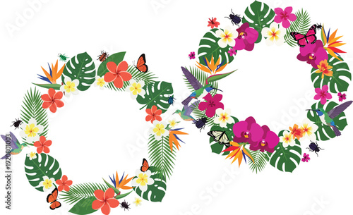 Colorful floral wreath made of tropical flowers and leaves on white background