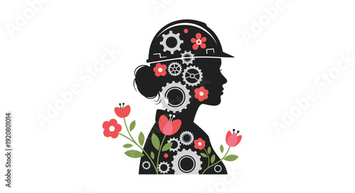 Silhouette of woman with gears.
