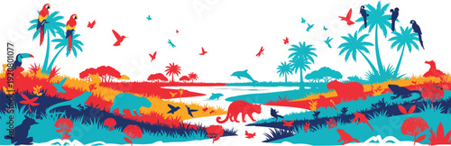 Vibrant tropical landscape with palm trees colorful foliage and birds in a serene natural setting outdoors scene