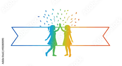 Two Women Celebrating with Ribbon Banner.