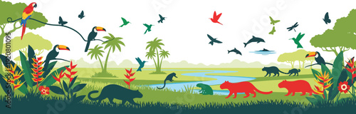 Vibrant jungle scene with exotic birds and animals in their natural habitat with lush vegetation and a serene lake