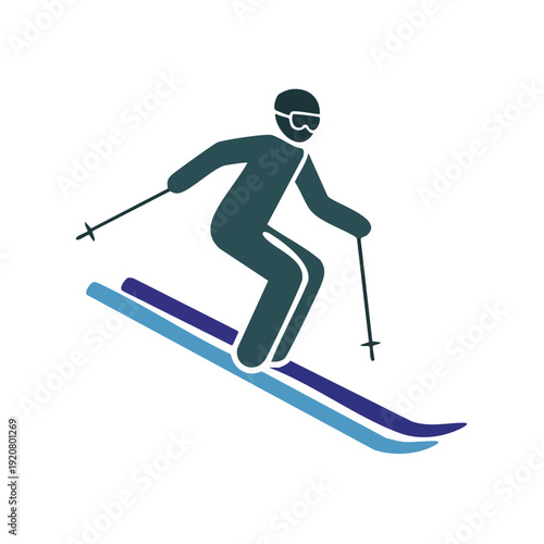 Skiing enthusiast in action on blue slopes with ski poles, vector illustration graphic