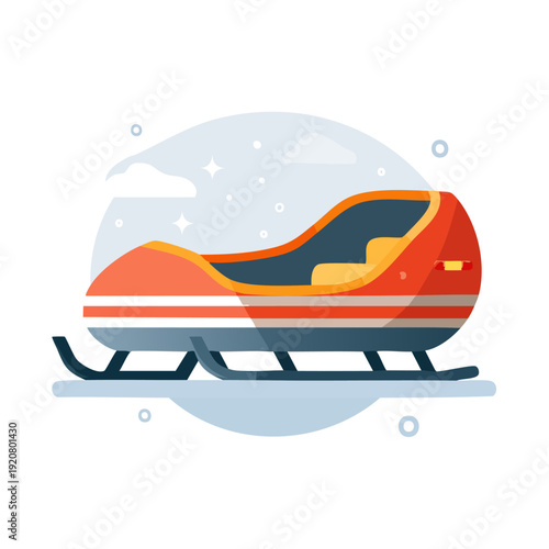 A sleek snowmobile glides across the snowy landscape in a vibrant illustration