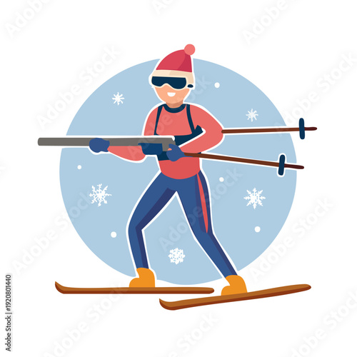 Man skiing down a snowy slope with ski poles in hand, viewed from the side in a winter landscape