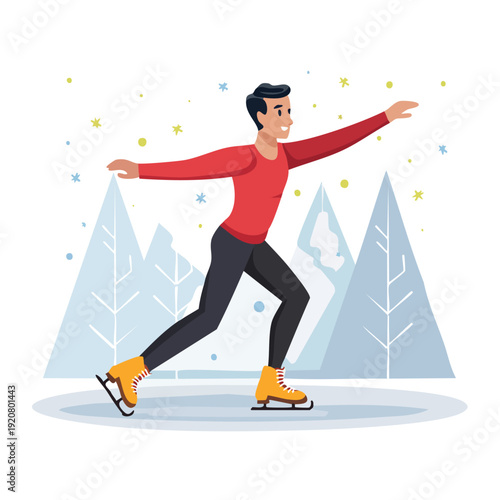 Man ice skating on frozen lake surrounded by snow-covered trees and falling snowflakes from a side viewpoint