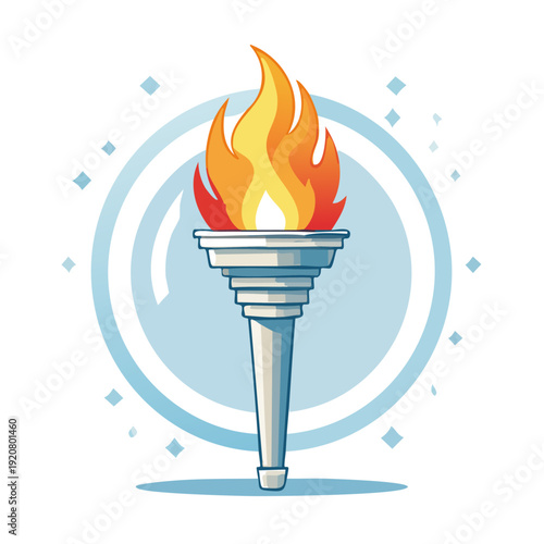A lit torch with flames is depicted in a stylized illustration within a circular emblem surrounded by decorative elements.