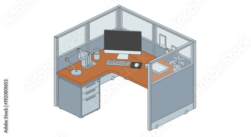 Modern office cubicle workstation with computer and office supplies.