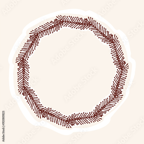 Hand drawn floral leaf wreath accent flourish illustration motif. Ethnic block print style botanical shape. Isolated flat vector editable. Decorative leaves winter style art creative christmas element