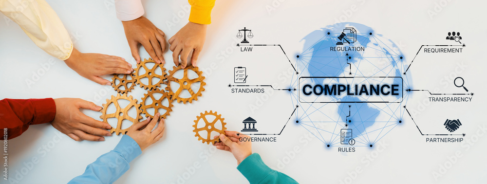 Obraz premium This image captures diverse hands working together to assemble gears, symbolizing collaboration in compliance frameworks amidst a backdrop of global connectivity. Trope