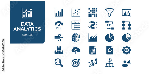 Data Analytics Business Intelligence Flat Icons-Bar Chart Scatter Heatmap Funnel KPI Dashboard Pipeline ETL-20 Analytics Icon Set Vector - BI Icons