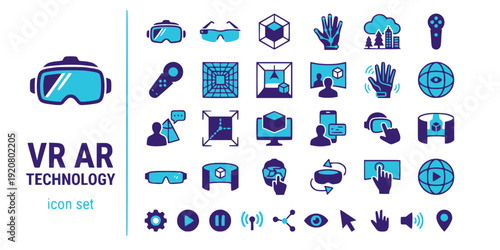 VR AR Technology Flat Icons-VR Headset AR Glasses 3D Object Hand Tracking Motion Controller Spatial Mapping-25 VR Icon Set Vector - Augmented Reality Icons