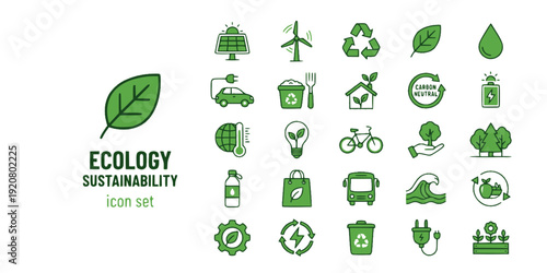 Ecology Sustainability Flat Icons-Solar Panel Wind Turbine Recycle Leaf Electric Car Compost Eco House Carbon-25 Ecology Icon Set Vector - Sustainability Icons