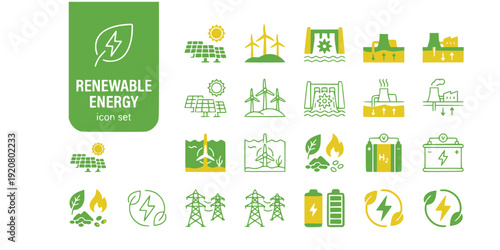Renewable Energy Flat Icons-Solar Farm Wind Farm Hydroelectric Geothermal Tidal Biomass Hydrogen Battery Grid-20 Energy Icon Set Vector - Green Energy Icons