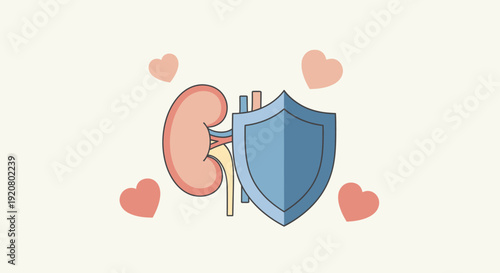 World Kidney Day illustration featuring a shield protecting a kidney surrounded by hearts