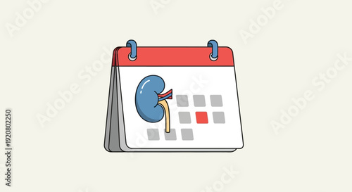 World Kidney Day calendar illustration featuring kidney anatomy on a red and white calendar page