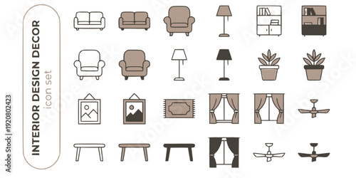 Interior Design Home Decor Flat Icons-Sofa Armchair Floor Lamp Bookshelf Plant Artwork Area Rug Curtain Table-20 Interior Icon Set Vector - Home Decor Icons