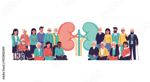 World Kidney Day illustration depicting diverse people together with kidney symbols