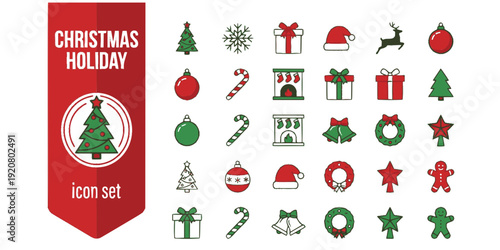 Christmas Holiday Flat Icons-Christmas Tree Snowflake Gift Santa Hat Reindeer Ornament Candy Cane Wreath Bells-30 Christmas Icon Set Vector - Holiday Icons