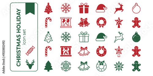 Christmas Holiday Flat Icons-Christmas Tree Snowflake Gift Santa Hat Reindeer Ornament Candy Cane Wreath Bells-30 Christmas Icon Set Vector - Holiday Icons