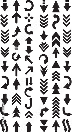 Collection of various black arrows and symbols on white background