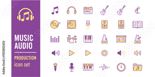 Music Audio Production Flat Icons-Musical Note Headphones Mixing Board Vinyl Guitar Microphone Sheet Music Piano-25 Music Icon Set Vector - Audio Production Icons