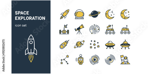 Space Exploration Astronomy Flat Icons-Rocket Astronaut Planet Moon Space Station Telescope Galaxy Mars Rover-20 Space Icon Set Vector - Astronomy Icons