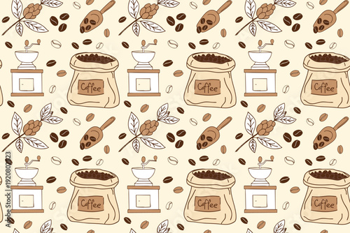 Seamless coffee pattern with coffee beans, grinder, sack and plant branches in warm brown tones