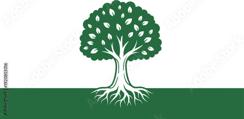 Green tree with roots against a white and green background symbolizing growth and nature