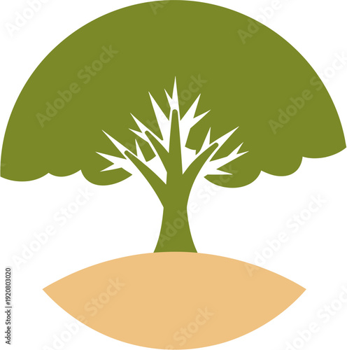 Green tree with a curved canopy and sandy ground, representing nature and growth