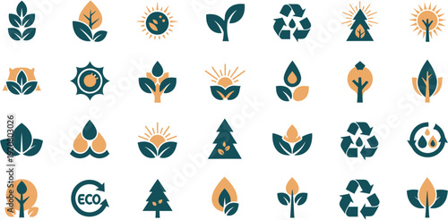 Eco-friendly icons representing nature, sustainability, and recycling concepts with green leaves, trees, and sun symbols
