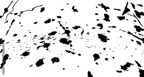Abstract black ink paint splatter texture background. Grunge distressed graphic resource with random liquid drops and stains, isolated on white.