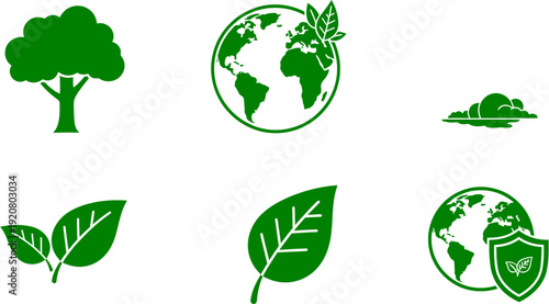 Set of green icons representing nature, ecology, and environmental protection, including trees, leaves, and the earth with a shield