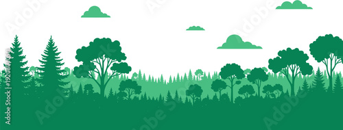 A vibrant green forest landscape with trees and clouds, showcasing the beauty of nature and its diverse flora