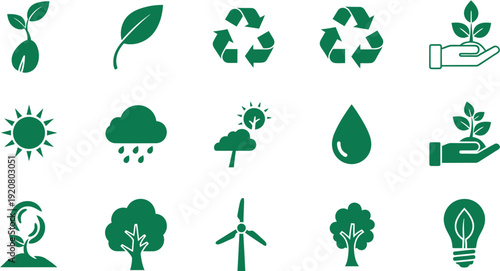 Comprehensive vector icon set depicting eco-friendly concepts, sustainable development, and environmental protection, highlighting nature, green energy, and ecological initiatives