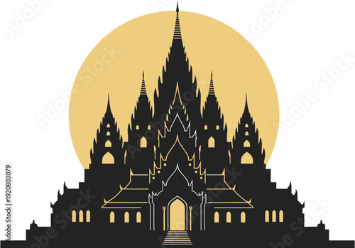 Silhouette of a grand temple structure with a large sun or moon behind it, evoking a sense of wonder and ancient architecture