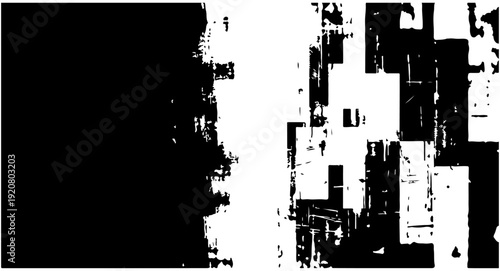 Abstract black and white grunge texture background with distressed rectangular shapes and rough edges. Created in a monochromatic style with high contrast.