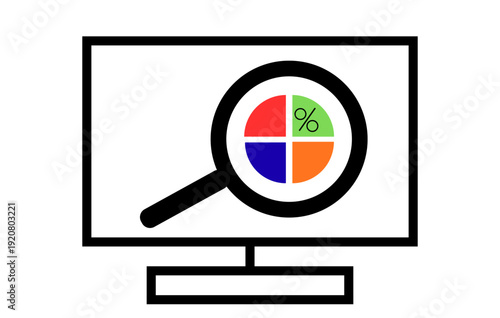 Business Data Analysis Screen with Percentage Chart and Search Symbol - representing data analysis, business analytics, KPI monitoring, financial reporting, market research, and dashboard insights.